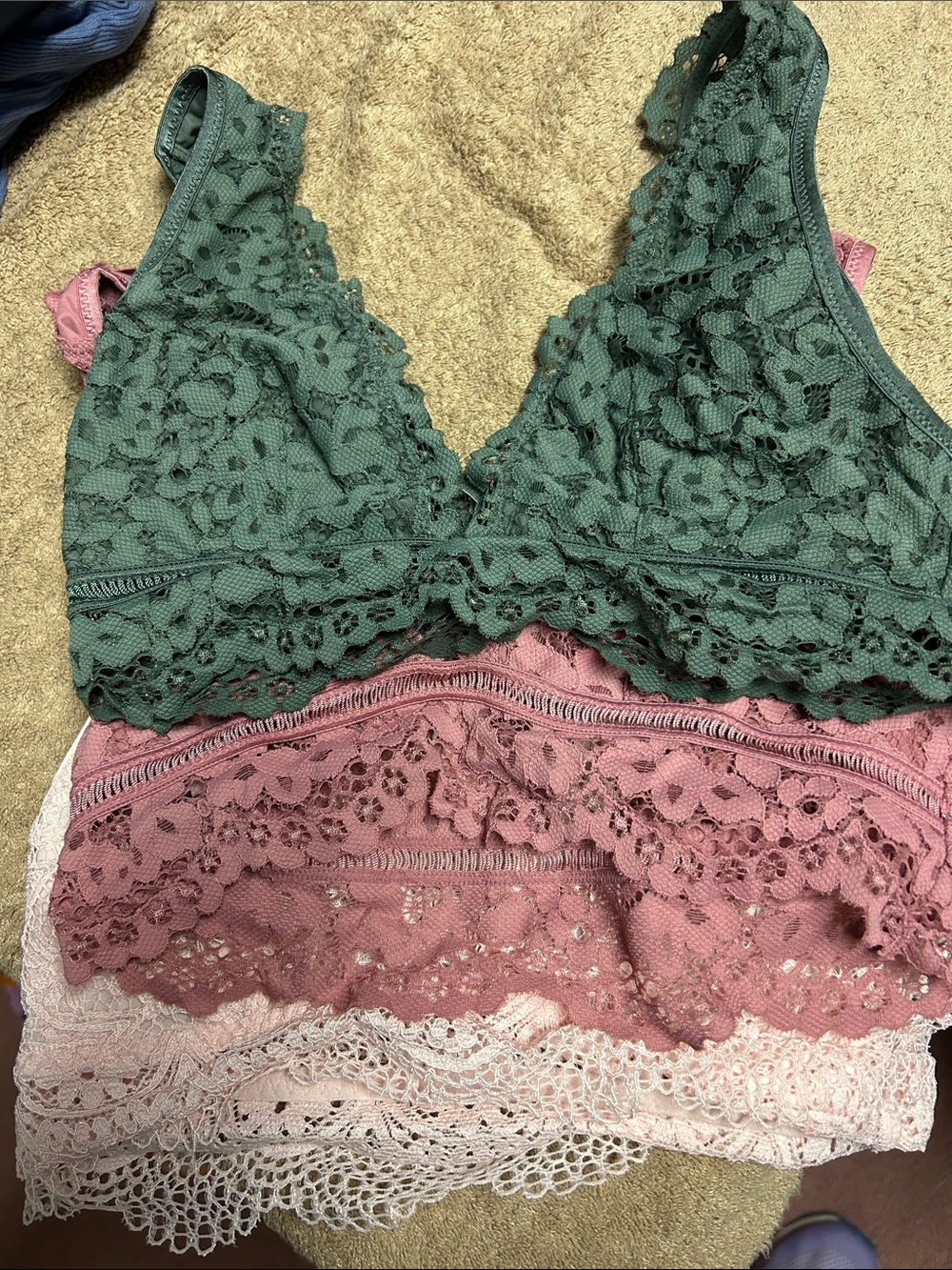 Lace Bralette Set in Green, Mauve & Blush